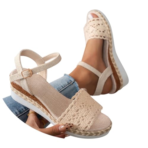 Minetom Sandalen mit Absatz Damen Sommer Keilabsatz Sandaletten Spitze Elegant Plateau Wedges Schuhe A Beige 2 38 EU von Minetom