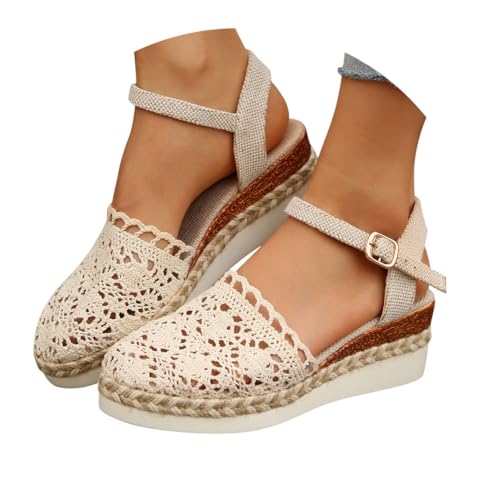 Minetom Sandalen mit Absatz Damen Sommer Keilabsatz Sandaletten Spitze Elegant Plateau Wedges Schuhe B Beige 37 EU von Minetom