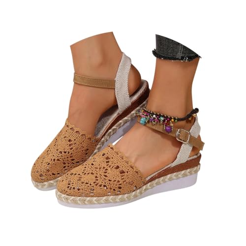 Minetom Sandalen mit Absatz Damen Sommer Keilabsatz Sandaletten Spitze Elegant Plateau Wedges Schuhe B Braun 38 EU von Minetom