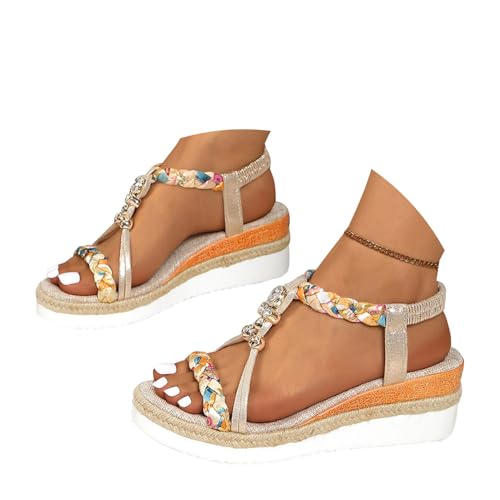 Minetom Sandalen mit Keilabsatz Damen Sommer Sandaletten Boho Freizeit Peep Toe Plateau Wedges Schuhe mit Strass Perlen A1 Beige 41 EU von Minetom
