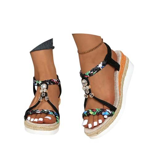 Minetom Sandalen mit Keilabsatz Damen Sommer Sandaletten Boho Freizeit Peep Toe Plateau Wedges Schuhe mit Strass Perlen A1 Schwarz 42 EU von Minetom