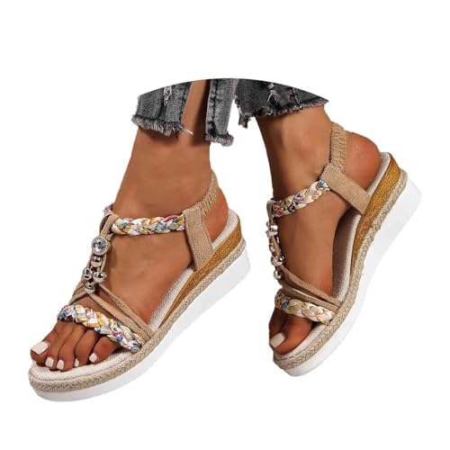 Minetom Sandalen mit Keilabsatz Damen Sommer Sandaletten Boho Freizeit Peep Toe Plateau Wedges Schuhe mit Strass Perlen A10 Beige 41 EU von Minetom
