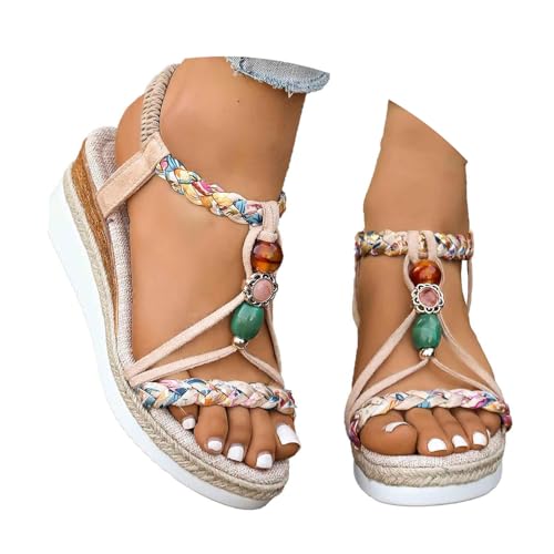 Minetom Sandalen mit Keilabsatz Damen Sommer Sandaletten Boho Freizeit Peep Toe Plateau Wedges Schuhe mit Strass Perlen A11 Beige 41 EU von Minetom