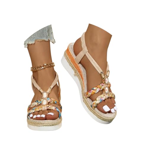 Minetom Sandalen mit Keilabsatz Damen Sommer Sandaletten Boho Freizeit Peep Toe Plateau Wedges Schuhe mit Strass Perlen A2 Beige 42 EU von Minetom