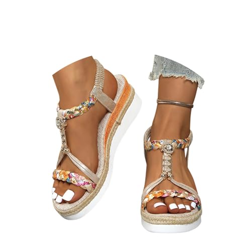 Minetom Sandalen mit Keilabsatz Damen Sommer Sandaletten Boho Freizeit Peep Toe Plateau Wedges Schuhe mit Strass Perlen A3 Beige 42 EU von Minetom