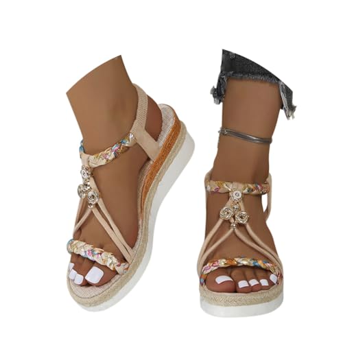 Minetom Sandalen mit Keilabsatz Damen Sommer Sandaletten Boho Freizeit Peep Toe Plateau Wedges Schuhe mit Strass Perlen A6 Beige 38 EU von Minetom