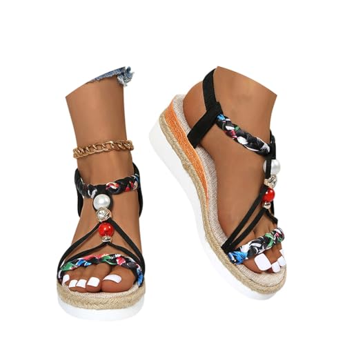 Minetom Sandalen mit Keilabsatz Damen Sommer Sandaletten Boho Freizeit Peep Toe Plateau Wedges Schuhe mit Strass Perlen A7 Schwarz 38 EU von Minetom