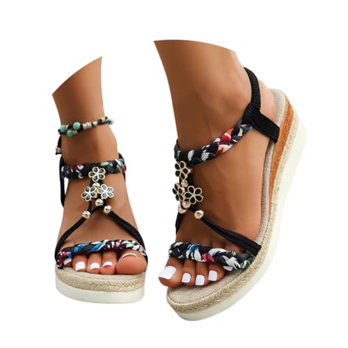 Minetom Sandalen mit Keilabsatz Damen Sommer Sandaletten Boho Freizeit Peep Toe Plateau Wedges Schuhe mit Strass Perlen A8 Schwarz 39 EU von Minetom