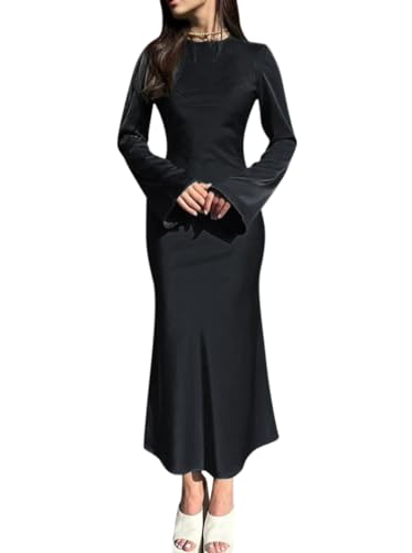 Minetom Satin Kleid Damen Elegant Rundhals Langarm Lange Kleider Einfarbig Maxikleid Wickelkleid Cocktail Hochzeit Party Kleid A Schwarz 3XL von Minetom