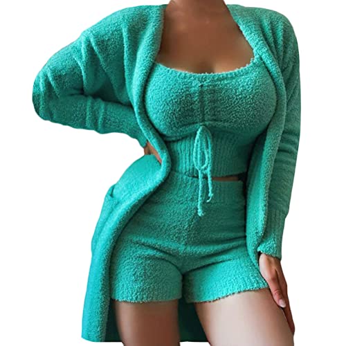 Minetom Schlafanzug Damen 3 Stücke Pyjamas Nachtwäsche Weichen Bademantel Shorts Winter Lounge Nachtwäsche Sets B Grün XXL von Minetom