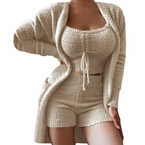 Minetom Schlafanzug Damen 3 Stücke Pyjamas Nachtwäsche Weichen Bademantel Shorts Winter Lounge Nachtwäsche Sets B Khaki L von Minetom