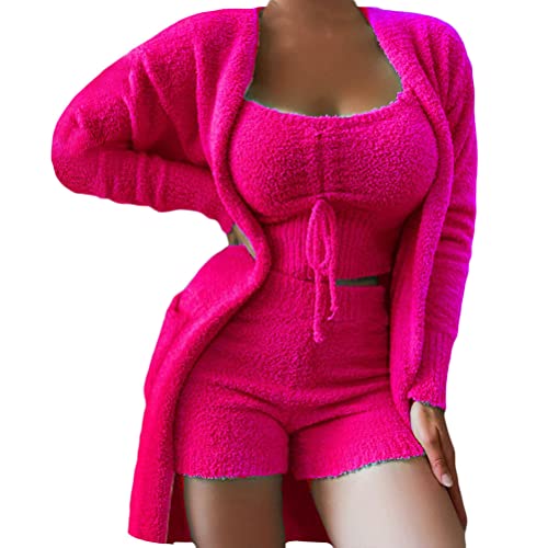 Minetom Schlafanzug Damen 3 Stücke Pyjamas Nachtwäsche Weichen Bademantel Shorts Winter Lounge Nachtwäsche Sets B Rosa Rot S von Minetom