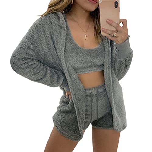 Minetom Schlafanzug Damen 3 Stücke Pyjamas Nachtwäsche Weichen Bademantel Shorts Winter Lounge Nachtwäsche Sets Dunkelgrau L von Minetom