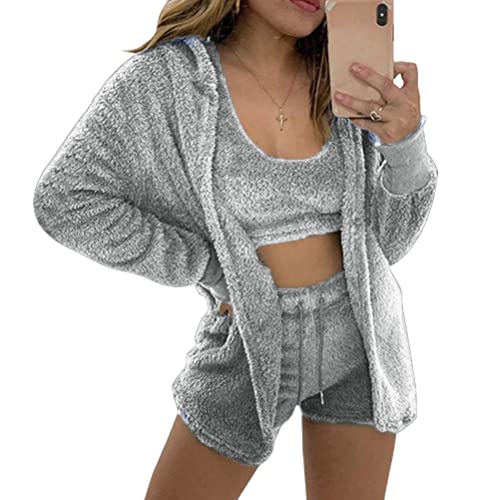 Minetom Schlafanzug Damen 3 Stücke Pyjamas Nachtwäsche Weichen Bademantel Shorts Winter Lounge Nachtwäsche Sets Grau XL von Minetom