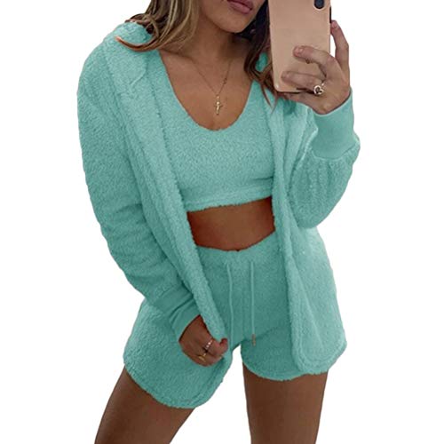 Minetom Schlafanzug Damen 3 Stücke Pyjamas Nachtwäsche Weichen Bademantel Shorts Winter Lounge Nachtwäsche Sets Grün L von Minetom