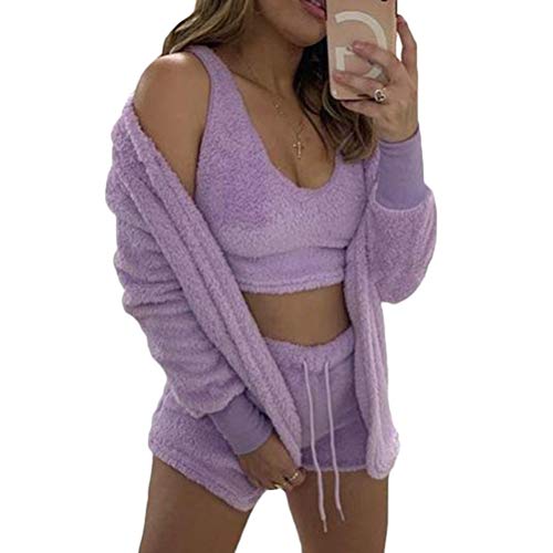 Minetom Schlafanzug Damen 3 Stücke Pyjamas Nachtwäsche Weichen Bademantel Shorts Winter Lounge Nachtwäsche Sets Violett M von Minetom