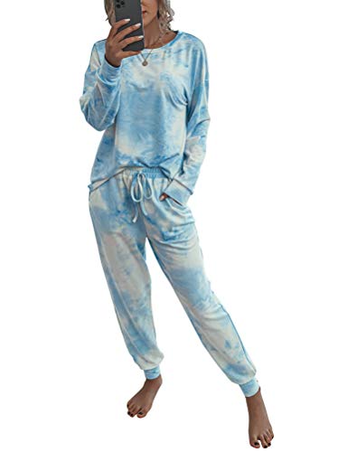 Minetom Schlafanzug Damen Langarm Pyjama Nachtwäsche Langer Elastic Sports Yoga Tasche Kordelzug Hose Hemd Zweiteiliger E Blau XL von Minetom