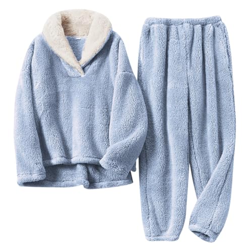 Minetom Schlafanzug Damen Winter Thermo Revers Pyjama Set Langarm Fleece Nachtwäsche Set Weicher Warmer Heim Lounge Plüsch Anzug Mit Sweatshirt Und Hose A Blau L von Minetom