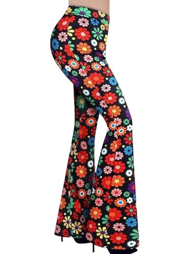 Minetom Schlaghose Damen 60er 70er Jahre Hose Boho Hippie Blumen High Waist Outfit Disco Kostüm Karneval Party Yogahose Leggings Elastische Bootcut Freizeithose B Mehrfarbig L von Minetom