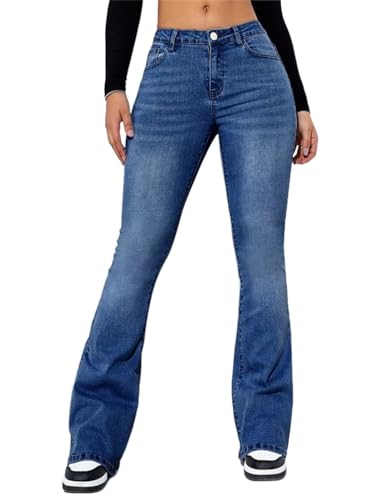 Minetom Schlaghose Damen Jeans Bootcut Jeanshose Casual Stretch Denim Hose mit Taschen Retro Hohe Taille Flared Pants Streetwear A Blau XS von Minetom