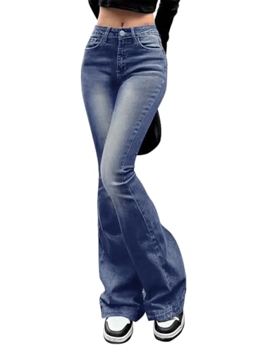 Minetom Schlaghose Damen Jeans Bootcut Jeanshose Casual Stretch Denim Hose mit Taschen Retro Hohe Taille Flared Pants Streetwear A Dunkelblau XS von Minetom