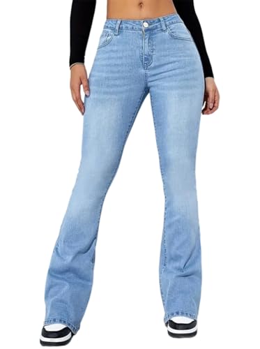 Minetom Schlaghose Damen Jeans Bootcut Jeanshose Casual Stretch Denim Hose mit Taschen Retro Hohe Taille Flared Pants Streetwear A Hellblau S von Minetom