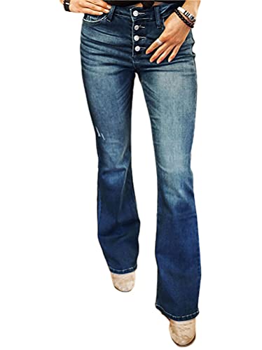 Minetom Schlaghosen Damen Jeans Bootcut Hosen Stretch Denim Jeanshose Casual Retro Flared Pants K Blau L von Minetom