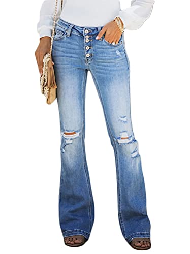 Minetom Schlaghosen Damen Jeans Bootcut Hosen Stretch Denim Jeanshose Casual Retro Hohe Taille Flared Pants N Blau L von Minetom