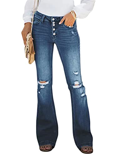 Minetom Schlaghosen Damen Jeans Bootcut Hosen Stretch Denim Jeanshose Casual Retro Hohe Taille Flared Pants N Dunkelblau M von Minetom