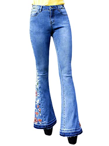 Minetom Schlaghosen Damen Jeans Bootcut Hosen Stretch Denim Jeanshose Casual Retro Stickerei Hohe Taille Flared Pants O Blau L von Minetom