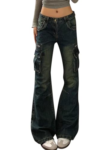 Minetom Schlaghosen Damen Jeans Bootcut Jeanshose Casual Stretch Hose Denim Hosen Retro Flared Pants Streetwear A03 Blau L von Minetom