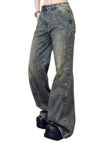 Minetom Schlaghosen Damen Jeans Bootcut Jeanshose Casual Stretch Hose Denim Hosen Retro Flared Pants Streetwear A07 Blau L von Minetom