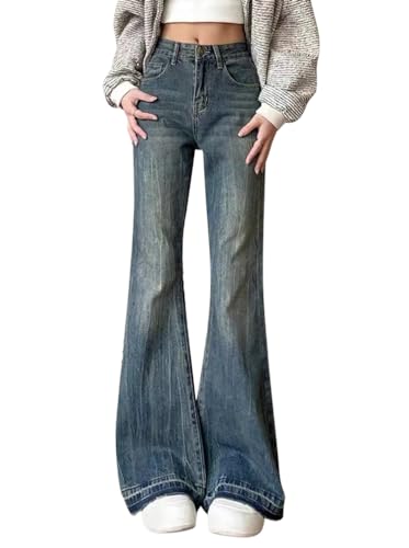 Minetom Schlaghosen Damen Jeans Bootcut Jeanshose Casual Stretch Hose Denim Hosen Retro Flared Pants Streetwear A08 Blau S von Minetom