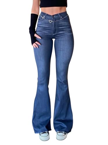 Minetom Schlaghosen Damen Jeans Bootcut Jeanshose Casual Stretch Hose Denim Hosen Retro Flared Pants Streetwear A09 Blau L von Minetom