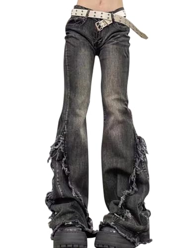 Minetom Schlaghosen Damen Jeans Bootcut Jeanshose Casual Stretch Hose Denim Hosen Retro Flared Pants Streetwear A10 Grau L von Minetom