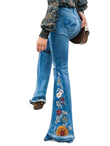 Minetom Schlaghosen Damen Jeans Hosen Stretch Bootcut Denim Jeanshose Lange Retro Stickerei Hohe Taille Breites Bein Flared Pants A Blau X-Small von Minetom