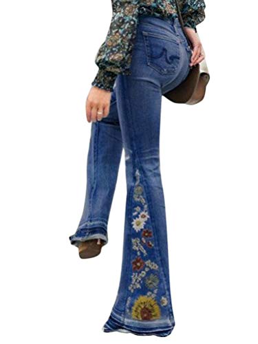 Minetom Schlaghosen Damen Jeans Hosen Stretch Bootcut Denim Jeanshose Lange Retro Stickerei Hohe Taille Breites Bein Flared Pants A Dunkelblau X-Large von Minetom