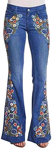 Minetom Schlaghosen Damen Jeans Hosen Stretch Bootcut Denim Jeanshose Lange Retro Stickerei Hohe Taille Breites Bein Flared Pants B Dunkelblau Small von Minetom
