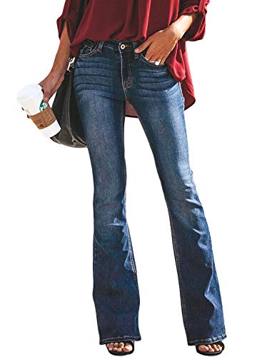 Minetom Schlaghosen Damen Jeans Hosen Stretch Skinny Destroyed Style Denim Jeanshose Retro Hohe Taille Flared Pants (L, A Dunkelblau) von Minetom