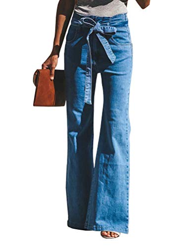 Minetom Schlaghosen Damen Jeans Hosen Stretch Skinny Destroyed Style Denim Jeanshose Retro Hohe Taille Flared Pants (S, B Blau) von Minetom
