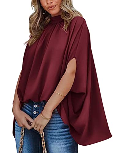 Minetom Shirt Damen Sommer Bluse Elegant Lose Fledermaus Ärmel Tops Cape Oberteile Elegant Hemdbluse Poncho Tuniken A Rot XL von Minetom