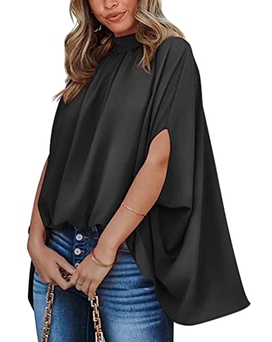 Minetom Shirt Damen Sommer Bluse Elegant Lose Fledermaus Ärmel Tops Cape Oberteile Elegant Hemdbluse Poncho Tuniken A Schwarz XL von Minetom