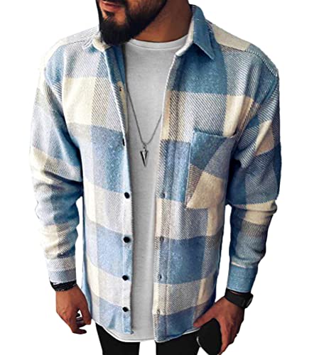 Minetom Shirt Herren Kariertes Hemd Freizeithemd Passform Lange Ärmel Flanellhemden Holzfällerhemd Arbeitshemd Flanellhemd Kariert Hemd B Hellblau L von Minetom