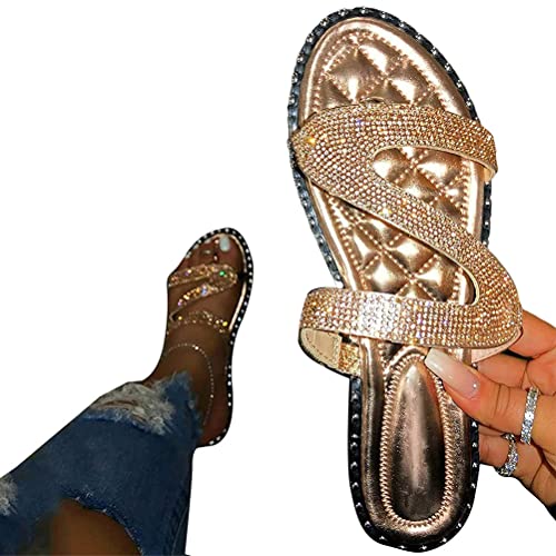 Minetom Slides Damen Strass Flip Flop Glitzer Hausschuhe Sandalen Flach Sommer Pantoletten Strandsandalen Leicht Bequem Slippers Sommerschuhe Freizeitschuhe C Gold 36 EU von Minetom