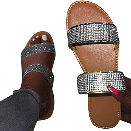 Minetom Slides Damen Strass Flip Flop Glitzer Hausschuhe Sandalen Flach Sommer Pantoletten Strandsandalen Leicht Bequem Slippers Sommerschuhe Freizeitschuhe D Silber 39 EU von Minetom