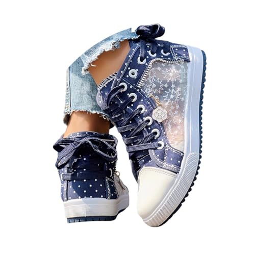 Minetom Sneaker Damen Halbhoch Spitze Mesh Sportschuhe High Top Flache Turnschuh Walking Schnürschuhe Atmungsaktive A Blau 36 EU von Minetom