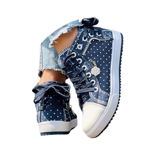 Minetom Sneaker Damen Halbhoch Spitze Mesh Sportschuhe High Top Flache Turnschuh Walking Schnürschuhe Atmungsaktive B Blau 37 EU von Minetom