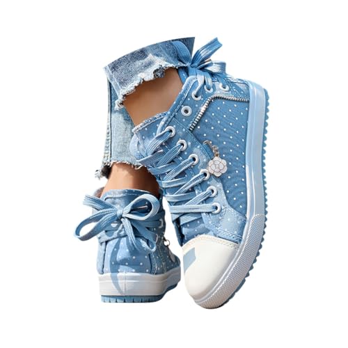 Minetom Sneaker Damen Halbhoch Spitze Mesh Sportschuhe High Top Flache Turnschuh Walking Schnürschuhe Atmungsaktive B Hellblau 42 EU von Minetom