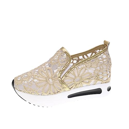 Minetom Sneaker Damen Pailletten Keilabsatz Schuhe Atmungsaktive Ausgeschnittene Spitze Stoffschuhe Frauen Laufschuhe Sommer Outdoor Slip On Walkingschuhe Glitzer Loafers D Gold 36 EU von Minetom