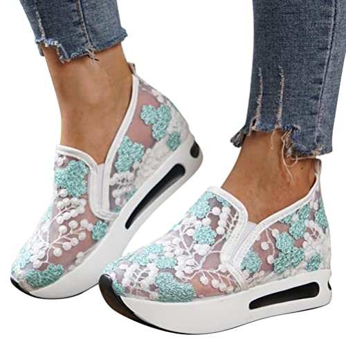 Minetom Sneaker Damen Pailletten Keilabsatz Schuhe Atmungsaktive Ausgeschnittene Spitze Stoffschuhe Frauen Laufschuhe Sommer Outdoor Slip On Walkingschuhe Glitzer Loafers E Grün 39 EU von Minetom